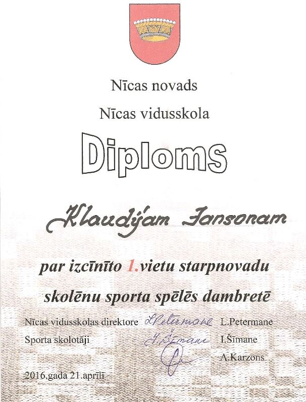 Diploms Klaudijas dambrete 2016